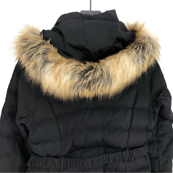 JONES NEW YORK Belted Puffer Jacket Faux Fir Trim Black M - Picture 13 of 14